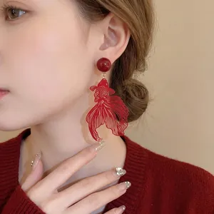 Elegant red hollow goldfish clip-on earrings in New Chinese style for non-pierced ears