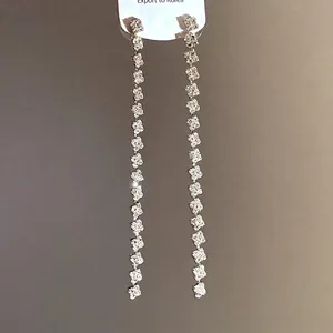 Elegant minimalist silver needle long square rhinestone tassel drop earrings for women