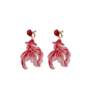 Red hollow-out goldfish clip-on earrings with decorative ball, elegant Chinese style