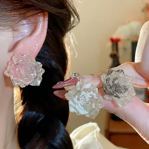 Handcrafted rose flower resin earrings with S925 silver needles in elegant pastel colors