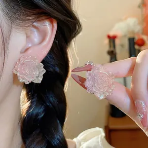 Elegant pink resin rose flower stud earrings with silver needles for a sweet and stylish look