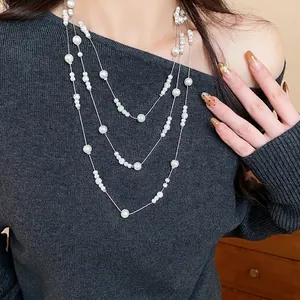 Collana da Donna in Perle Artificiali e Strass Elegante Design a Strati Catena Lunga da Maglione Gioielli di Alta Classe