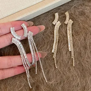Geometric Tassel Drop Earrings With Silver Earring Post Zirconia Inlaid Light Luxury Elegant Long Earrings For Women Dating Jewelry