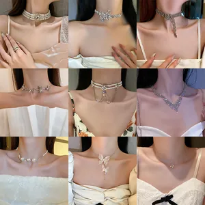 Butterfly Rhinestone Artificial Pearl Necklace For Women Korean Ins Style Alloy Choker Elegance Bowknot Jewelry For Banquet Daily