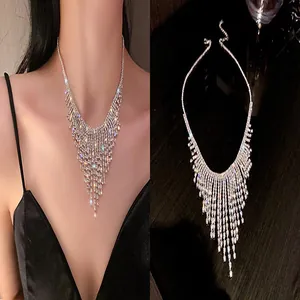 Elegant rhinestone fringe tassel necklace for formal evening wear and parties