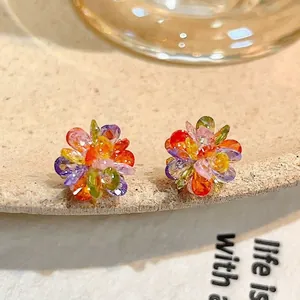 Pendientes de Botón de Flor de Cobre y Strass de Lujo Con Poste de Plata Pendientes Florales de Cristal Dopamina Coloridos para Mujer Joyería de Moda
