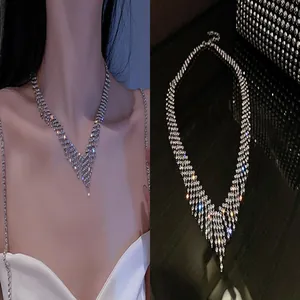 Detailed view of elegant multi-layered sparkling rhinestone choker necklace on model