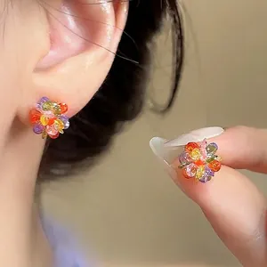 Pendientes de flores de cristal de colores con agujas de plata, estilo de dopamina