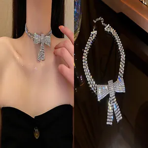 Sparkling rhinestone bow choker necklace with elegant multi-strand design for women