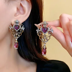 Vintage Baroque Heart Water Drop Hollow Alloy Earrings with Silver Earring Post Rhinestone Inlaid Elegant Women Jewelry