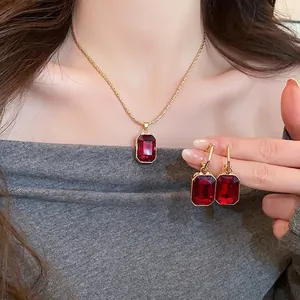 Vintage Luxurious Alloy Square Red Rhinestone Pendant Necklace And Earrings Set For Women Fashion Clavicle Chain Jewelry