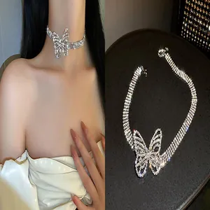 Detailed view of elegant sparkling rhinestone butterfly choker with multi-layer band