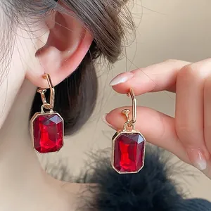 Elegant vintage red rectangular gemstone drop earrings with gold plated hook for women