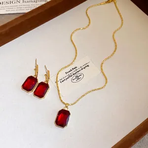 Vintage red rectangular gemstone pendant necklace and earrings jewelry set for women