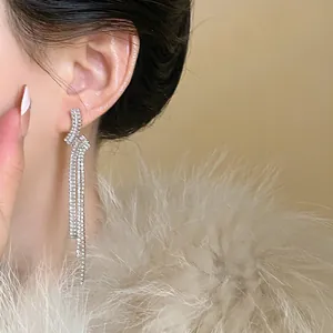 Close-up detail of sparkling long tassel earrings featuring multiple silver zircon strands