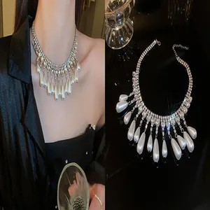 Close-up of elegant rhinestone and teardrop pearl necklace on model and flat lay.