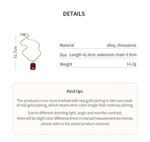 Detailed view of red rectangular pendant necklace with size and material specs.