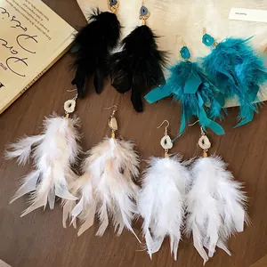 Stylish oversized feather tassel earrings with druzy stones in multiple colors