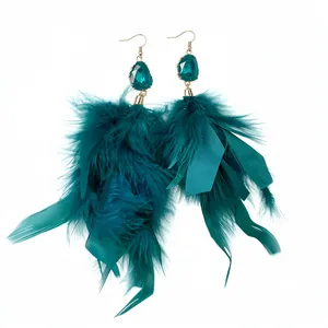 Exaggerated teal feather tassel earrings featuring green teardrop crystal accents for women
