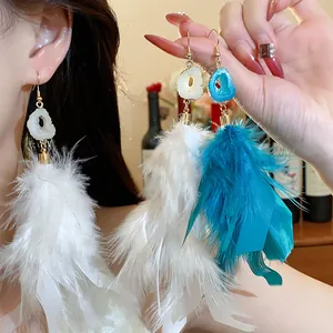 Bohemian feather tassel earrings with geode detail shown in white and blue colors