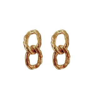 Statement irregular textured metallic gold double oval link drop earrings for women