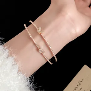 Primo piano di un elegante bracciale a due strati con farfalle in zircone al polso