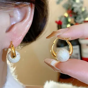 French Vintage 18K Gold Plated Artificial Pearl Hoop Earrings For Women Geometric Jewelry With 925 Sterling Silver Post