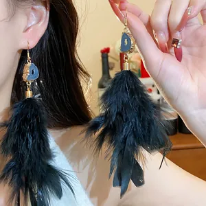 Detailed view of elegant black feather tassel earrings with blue druzy stone and gold hook.