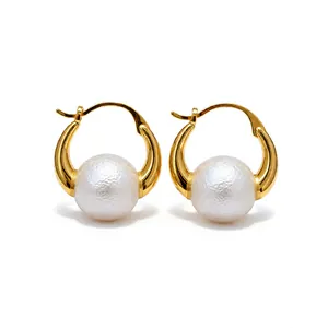 18k gold plated pearl hoop earrings with elegant vintage french style design for women