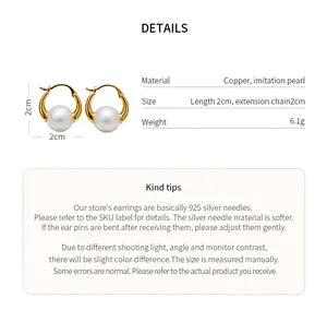 Detailed size and material specifications for 18K gold plated pearl hoop earrings.