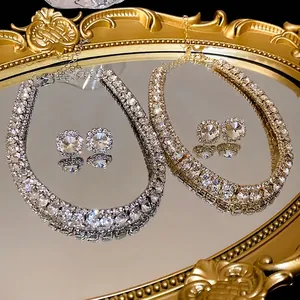 Luxury Copper Rhinestone Square Necklace Earring Jewelry Set Gold Silver Pave Clavicle Chain For Women Wedding Party Gifts