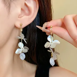 French Petal Tassel Drop Earrings Elegant Matte White Flower Baroque Artificial Pearl Long Dangle Earrings With Silver Earring Post For Women