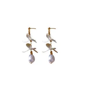 Elegant silver needle flower petal dangle earrings with baroque pearl tassels