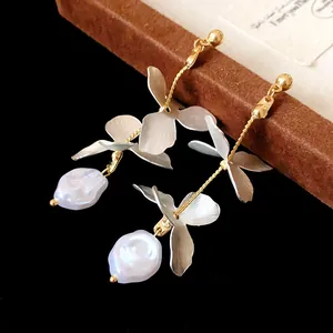 Elegant French style floral petal tassel earrings with white baroque pearls detail