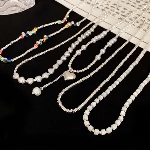 Ins Style Splattered Silver Splicing Necklace For Women Fashion Alloy Heart Pendant Artificial Pearl Clavicle Chain Jewelry