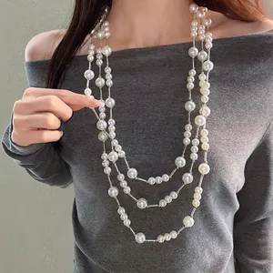 Elegant French vintage multi-layered long pearl necklace for sophisticated women