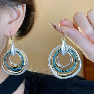 Vintage mehrlagige unregelmäßige Metall Ohrhänger Luxus Design Legierung Strass Ohrringe mit 925 Silber Stift für Damen
