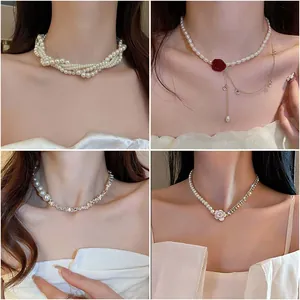 Vintage Baroque Camellia Pearl Double Layer Necklace For Women Gold Silver Plated Rhinestone Choker Fashion Jewelry Pendant Necklaces Accessories