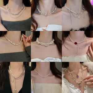 Detailed grid showing various Baroque pearl and crystal necklaces on a model's neck
