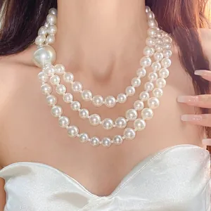Elegant French vintage multi-strand pearl necklace with lustrous white beads for women