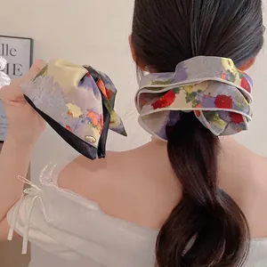 Chouchou en Tissu Fleuri à Double Couche Vintage Français Multicolore Élastique Cheveux Nœud Pince à Cheveux Accessoire de Mode pour Femme