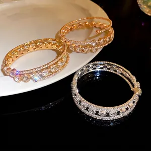 Exquisito Brazalete Abierto de Varias Capas para Mujer Lujo Circonia Incrustada Cobre Dorado Plateado Moda Pulsera Geométrica Ajustable Joyería