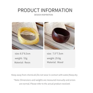 Vue détaillée des bracelets en résine et en bois avec dimensions et spécifications