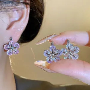 Sparkly zircon flower hoop earrings with minimalist luxury design for women