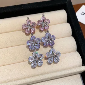 Exquisite sparkling zircon flower drop earrings with pink and purple gradient design