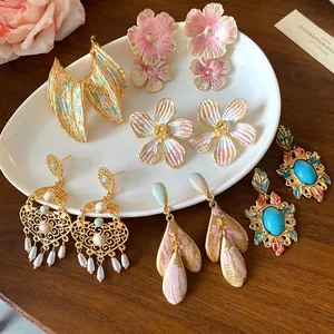 Orecchini a Bottone a Fiore in Smalto Vintage Con Perno in Argento Sterling 925 Stile Palazzo Orecchini Pendenti Cavi per Donna Gioielli Regalo