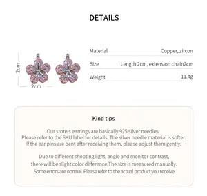 Detailed view of pink zircon flower earrings including material, size, and weight info