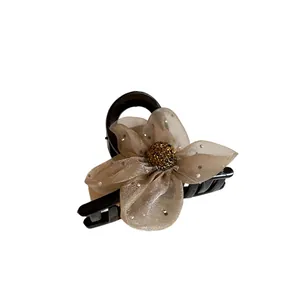 Pince à cheveux fleur en maille marron de style français pour coiffure de femme