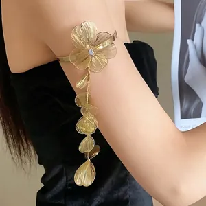 Vintage Copper Zirconia Flower Tassel Open Arm Ring Gold Plated Adjustable Bangle For Women Party Banquet Fashion Jewelry