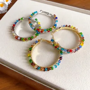 Multicolor Artificial Crystal Beads Hoop Earrings Handmade Iron Geometric Colorful Glass Beads Earrings For Women Fashion Jewelry